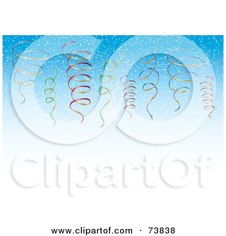 Royalty-Free (RF) Clipart Illustration of Colorful Curly Confetti Ribbons Over Blue And White by MilsiArt