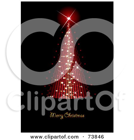 Royalty-Free (RF) Clipart Illustration of a Merry Christmas Greeting Under A Red Conical Sparkly Christmas Tree On Black by MilsiArt