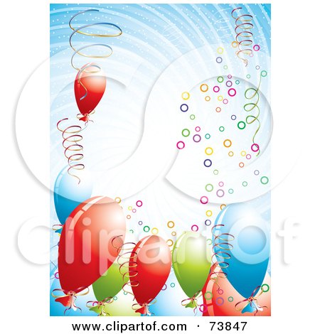 Royalty-Free (RF) Clipart Illustration of a Swirly Vortex Of Colorful Balloons And Confetti Over Blue by MilsiArt