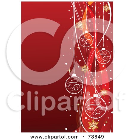 Royalty-Free (RF) Clipart Illustration of a Red Christmas Background With Spiraling Red Ribbons, Gold Snowflakes And White Baubles by Pushkin