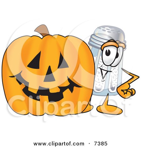 Clipart Picture of a Salt Shaker Mascot Cartoon Character With a Carved Halloween Pumpkin by Mascot Junction