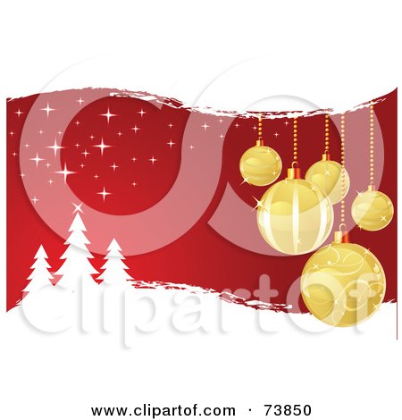 Royalty-Free (RF) Clipart Illustration of Gold Christmas Baubles Over Red With White Grunge And Trees by Pushkin