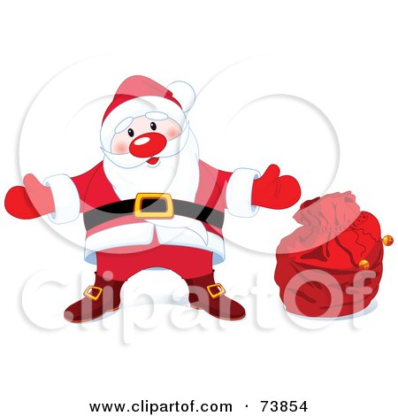 Royalty-Free (RF) Clipart Illustration of a Welcoming Santa In His Suit, Standing By A Red Toy Sack  by Pushkin