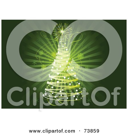 Royalty-Free (RF) Clipart Illustration of a Green Burst Background With A Spiral Christmas Tree And Snowflakes by Pushkin