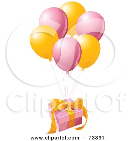 Royalty-Free (RF) Clipart Illustration of a Pink And Yellow Birthday Gift Floating Away With Matching Balloons by Pushkin