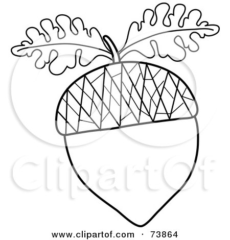 Royalty-Free (RF) Clipart Illustration of a Black And White Acorn Outline With Oak Leaves by Pams Clipart