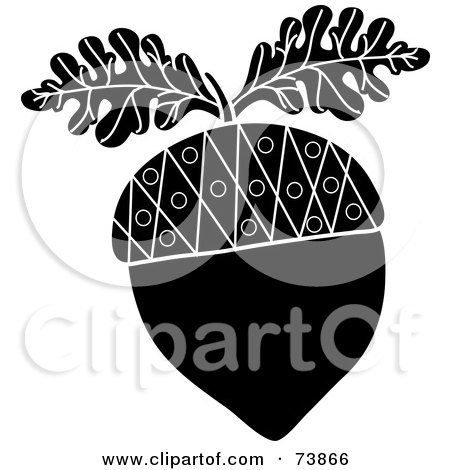 Royalty-Free (RF) Clipart Illustration of a Black And White Acorn With Two Oak Leaves by Pams Clipart