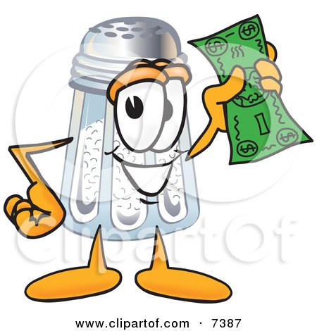 Clipart Picture of a Salt Shaker Mascot Cartoon Character Holding a Dollar Bill by Mascot Junction