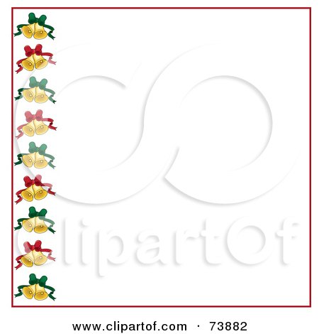 Royalty-Free (RF) Clipart Illustration of a Left Border Of Christmas Bells With Green And Red Bows And Red Trim Over White by Pams Clipart