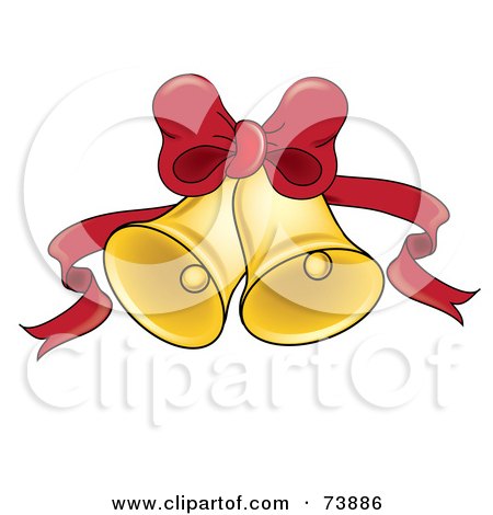 Royalty-Free (RF) Clipart Illustration of Two Golden Ringing Christmas Bells With A Red Bow And Ribbon by Pams Clipart