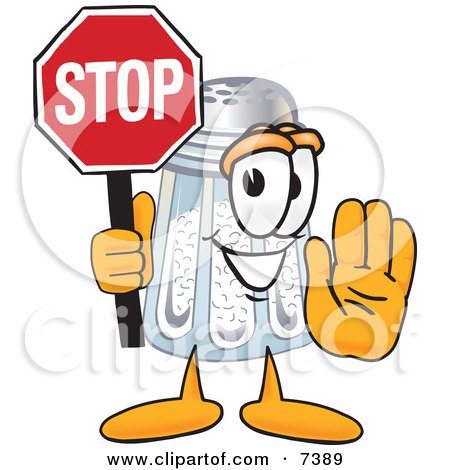 Clipart Picture of a Salt Shaker Mascot Cartoon Character Holding a Stop Sign by Mascot Junction