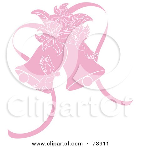 Royalty-Free (RF) Clipart Illustration of Pink Doves, Lilies And Wedding Bells by Pams Clipart