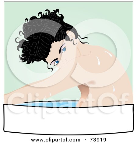 Royalty-Free (RF) Clipart Illustration of a Blue Eyed, Black Haired Woman Soaking In A Tub, Over A Blank Banner by Pams Clipart