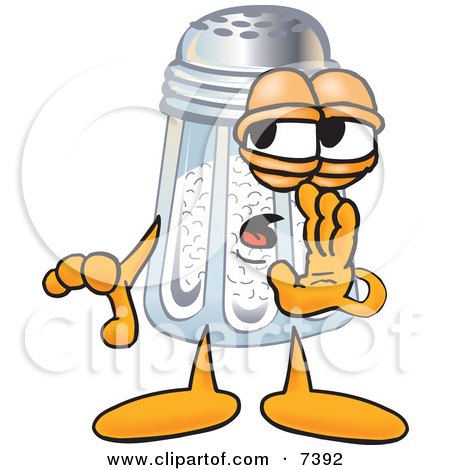 Clipart Picture of a Salt Shaker Mascot Cartoon Character Whispering and Gossiping by Mascot Junction