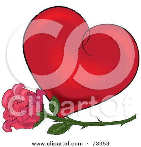 Royalty-Free (RF) Clipart Illustration of a Pink Rose In Front Of A Red Shaded Heart by Pams Clipart