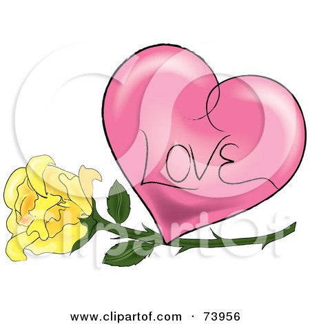 Royalty-Free (RF) Clipart Illustration of a Yellow Rose Under A Pink Shaded Love Heart by Pams Clipart