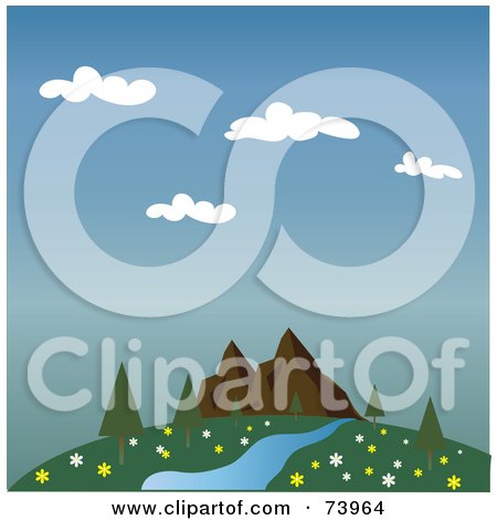 Royalty-Free (RF) Clipart Illustration of a Landscape Of A Summer Creek And Trees Near Mountains by Pams Clipart