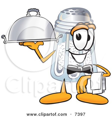 Clipart Picture of a Salt Shaker Mascot Cartoon Character Dressed as a Waiter and Holding a Serving Platter by Mascot Junction