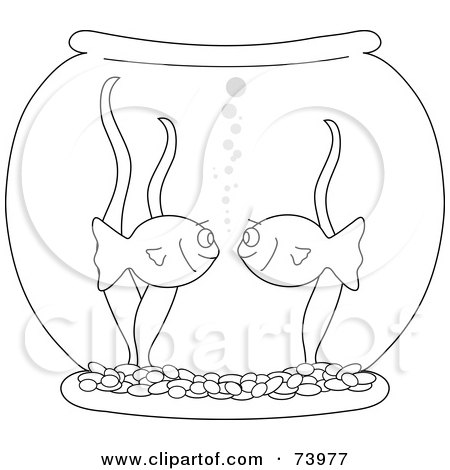 Royalty-Free (RF) Clipart Illustration of a Black And White Outline Of Goldfish Staring At Each Other In A Bowl by Pams Clipart