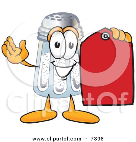 Clipart Picture of a Salt Shaker Mascot Cartoon Character Holding a Red Sales Price Tag by Mascot Junction