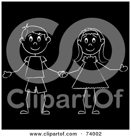 Royalty-Free (RF) Clipart Illustration of a White Stick Boy And Girl Holding Hands On Black by Pams Clipart