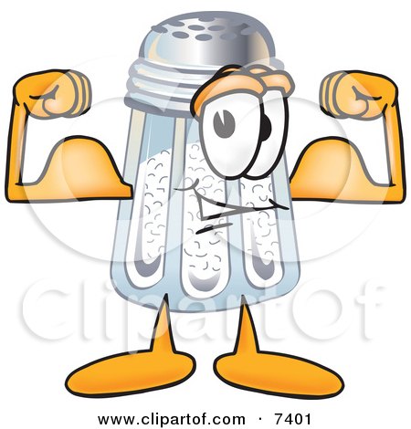 Clipart Picture of a Salt Shaker Mascot Cartoon Character Flexing His Arm Muscles by Mascot Junction