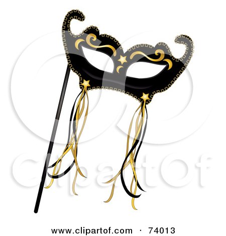Royalty-Free (RF) Clipart Illustration of a Black And Gold Mardi Gras Mask With Ribbons by Pams Clipart