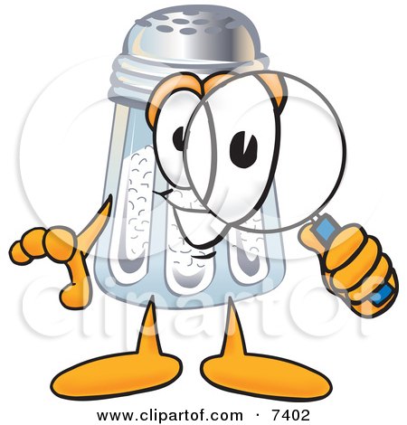 Clipart Picture of a Salt Shaker Mascot Cartoon Character Looking Through a Magnifying Glass by Mascot Junction