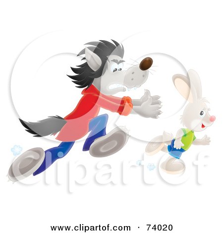 Royalty-Free (RF) Clipart Illustration of a Bad Airbrushed Wolf Chasing After A Rabbit by Alex Bannykh