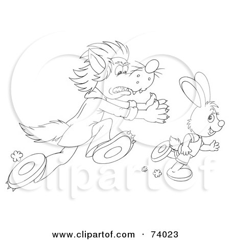 Royalty-Free (RF) Clipart Illustration of a Black And White Outline Of A Wolf Chasing After A Rabbit by Alex Bannykh