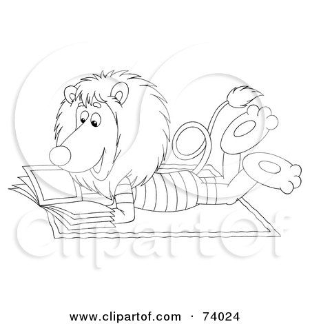 Royalty-Free (RF) Clipart Illustration of a Black And White Outline Of A Relaxed Lion Reading A Book On The Beach by Alex Bannykh
