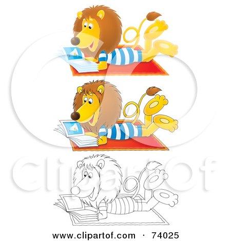 Royalty-Free (RF) Clipart Illustration of a Digital Collage Of A Reading Lion; Cartoon, Airbrushed And Black And White by Alex Bannykh