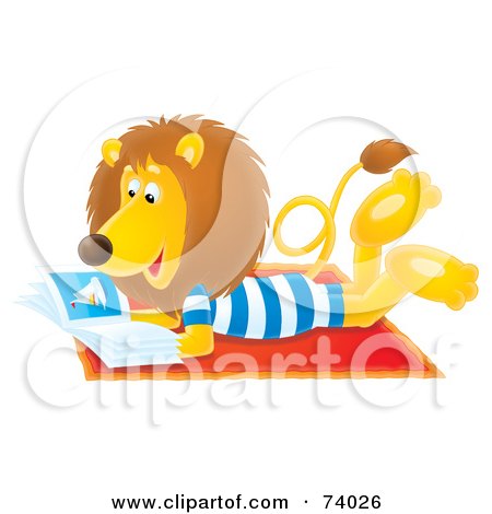 Royalty-Free (RF) Clipart Illustration of a Relaxed Airbrushed Lion Reading A Book On The Beach by Alex Bannykh