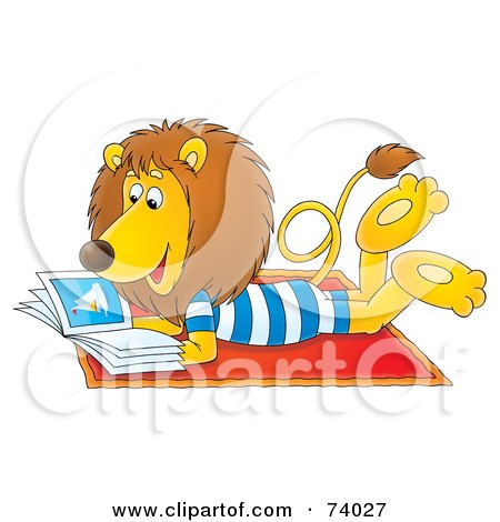 Royalty-Free (RF) Clipart Illustration of a Relaxed Lion Reading A Book On The Beach by Alex Bannykh