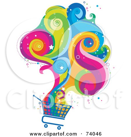 Royalty-Free (RF) Clipart Illustration of a Magical Colorful Cloud Rising From A Shopping Cart by BNP Design Studio