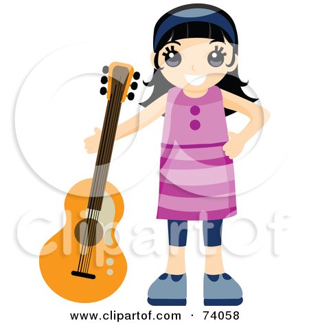 Royalty-Free (RF) Clipart Illustration of a Happy Black Haired Girl Standing With A Guitar by BNP Design Studio