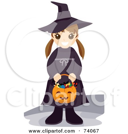 Royalty-Free (RF) Clipart Illustration of a Happy Little Girl Holding A Pumpkin Basket And Dressed In A Witch Costume by BNP Design Studio