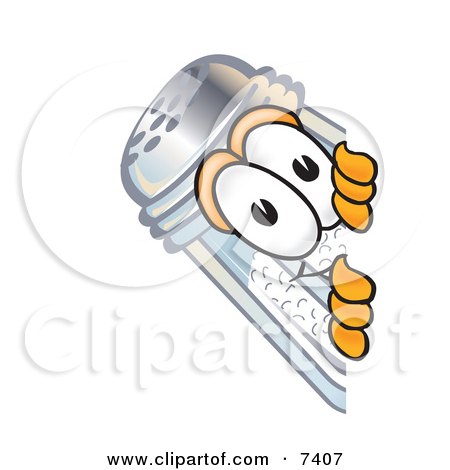 Clipart Picture of a Salt Shaker Mascot Cartoon Character Peeking Around a Corner by Mascot Junction