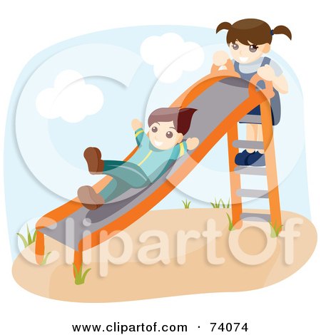 Royalty-Free (RF) Clipart Illustration of a Boy And A Girl Playing On A Slide On A Playground by BNP Design Studio