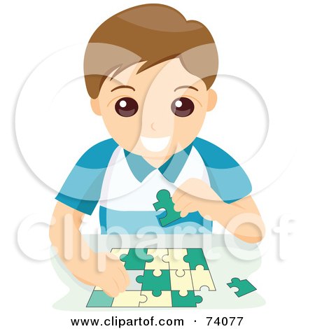 Royalty-Free (RF) Clipart Illustration of a Happy Little Boy Assembling A Puzzle by BNP Design Studio