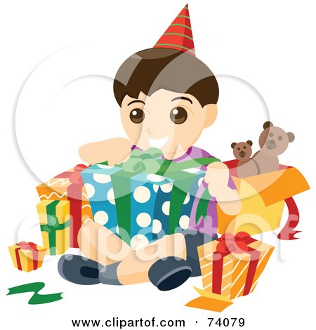 Royalty-Free (RF) Clipart Illustration of a Happy Birthday Boy Opening Presents by BNP Design Studio