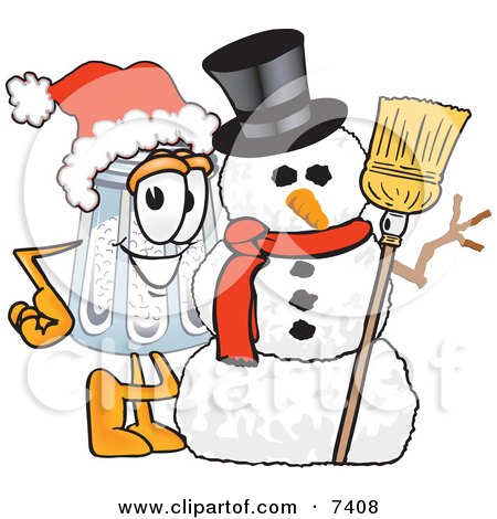 Clipart Picture of a Salt Shaker Mascot Cartoon Character With a Snowman on Christmas by Mascot Junction