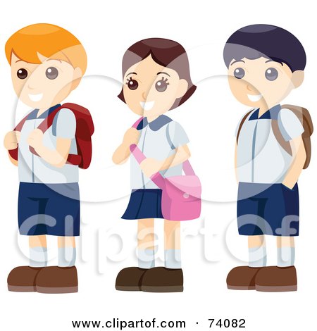 Royalty-Free (RF) Clipart Illustration of Three Happy School Children With Backpacks, Standing In Line by BNP Design Studio