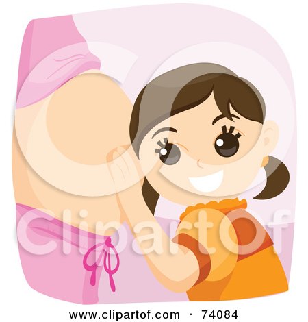 Royalty-Free (RF) Clipart Illustration of a Happy Little Girl Listening To Her Pregnant Mom's Belly by BNP Design Studio