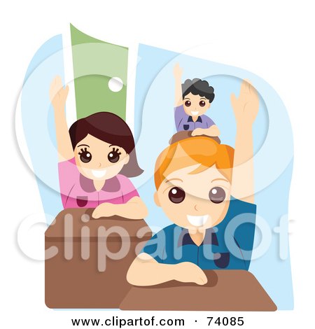 Royalty-Free (RF) Clipart Illustration of a Group Of Smart School Kids Raising Their Hands In Class by BNP Design Studio
