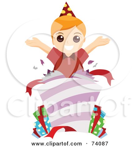 Royalty-Free (RF) Clipart Illustration of a Happy Birthday Boy Popping Out Of A Present by BNP Design Studio