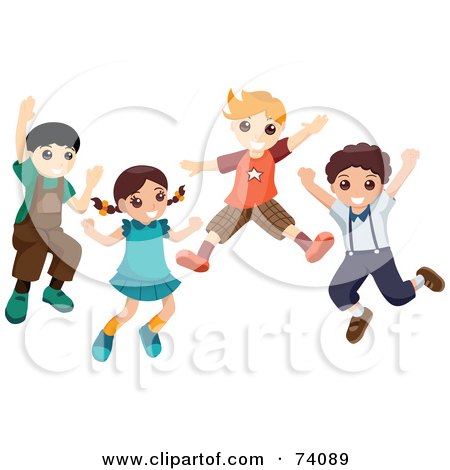 Royalty-Free (RF) Clipart Illustration of a Group Of Four Energetic Kids Jumping by BNP Design Studio