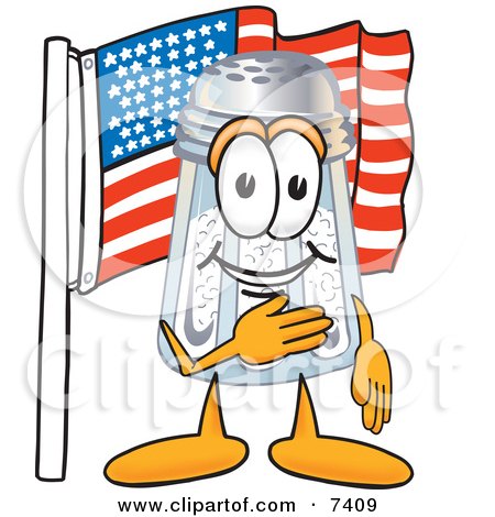 Clipart Picture of a Salt Shaker Mascot Cartoon Character Pledging Allegiance to an American Flag by Mascot Junction