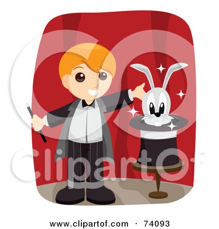 Royalty-Free (RF) Clipart Illustration of a Blond Magician Boy Presenting A Rabbit In A Hat On A Stage by BNP Design Studio