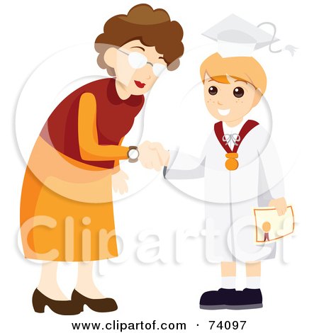 Royalty-Free (RF) Clipart Illustration of a Teacher Shaking Hands With A Child Graduate by BNP Design Studio